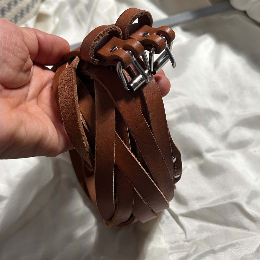 Mango MNG brown leather braided twisted design silver double buckle belt 85